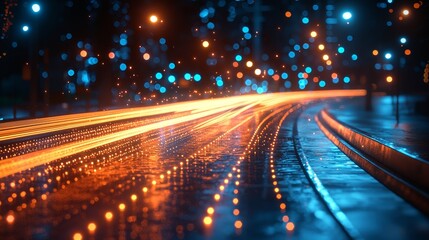 Poster - A lively digital setting with a cutting-edge path highlighted by streaks of orange and blue light in the night