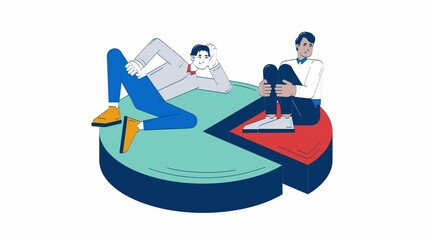 Poster - Corporate financial disparity doodle animation. Two professionals seated on unequal segments of pie chart 4K video motion graphic. Pay inequity animated 2D flat cartoon concept, white background