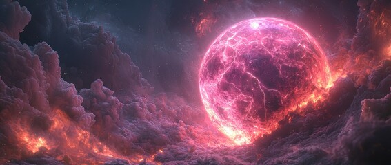 Poster - A vibrant purple background radiates with a glowing sphere at its core, resembling an atom's energy ball, encircled by waves of energetic rays