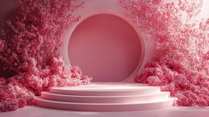 Poster - Elegant Empty Podium Surrounded by Lush Pink Roses in a Serene Floral Setting with Soft Lighting and a Minimalist Design