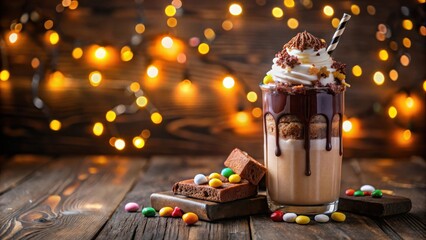 Aufkleber - Decadent Chocolate Dessert Drink with Whipped Cream and Candy Garnish on Wooden Surface
