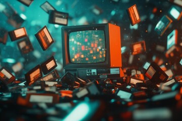 Poster - A vibrant 3D rendering of a retro TV setup with VHS tapes scattered around, showcasing colorful labels and a glowing screen