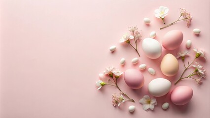 Poster - Pastel Easter eggs and blossoms on pink background