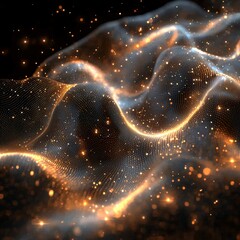 Poster - Dynamic sci-fi holographic waves create an abstract digital landscape in a dark environment, viewed from a futuristic perspective
