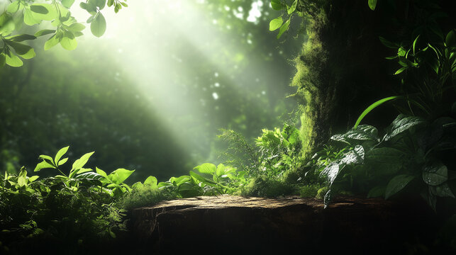 Natural mockup with stone platform and forest background for product display