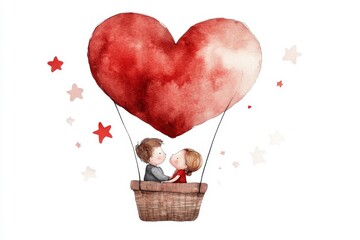 Poster - A whimsical 2D drawing of a couple in a hot air balloon shaped like a heart, floating against a white background with animated stars
