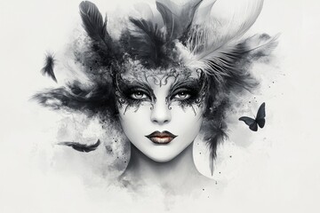 Aufkleber - A whimsical drawing of a Venetian mask surrounded by decorative feathers, rendered in bold, simple shapes on a clean white canvas