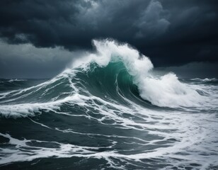 Large wave crashing under a dark and stormy sky..Concept: Power, force, ocean, storm, dramatic, turbulent, nature.