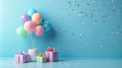 Poster - Pastel Balloons, Presents, and Confetti on a Blue Background
