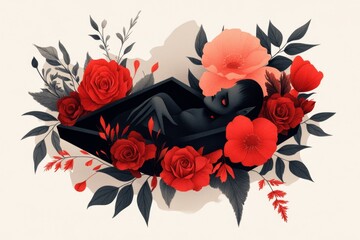 Poster - A whimsical drawing of a vampire sleeping in a coffin surrounded by roses, with clean, simple shapes on a white background