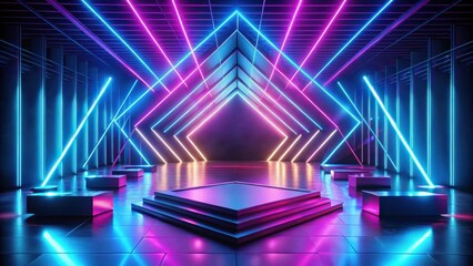 Fototapete - Futuristic Stage Design with Neon Lights and Geometric Platforms