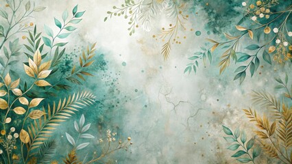 Poster - Elegant Teal and Gold Botanical Wall Art Design Featuring a Whimsical Arrangement of Leaves and Branches