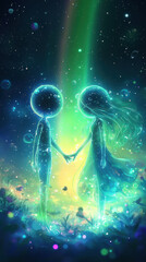 Wall Mural - pair of glowing figures holding hands under starry sky, surrounded by bubbles and vibrant colors, evokes sense of wonder and connection