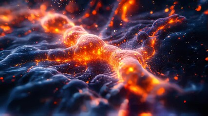 Poster - Glowing orange and blue cellular structures resembling neurons, representing a futuristic and abstract view of life sciences and biology