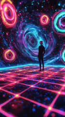 Wall Mural - person standing in vibrant cosmic scene with glowing orbs and grid. colorful lights create mesmerizing atmosphere