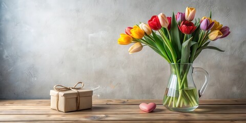 Poster - A rustic still life featuring a bouquet of colorful tulips in a glass vase, a wrapped gift, and a small heart shape on a wooden surface against a textured background.