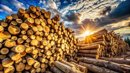 Poster - Golden Hour Lumber Stack  A Majestic Sunset Illuminates a Massive Pile of Harvested Wood Logs