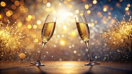 Aufkleber - A Toast to Celebration Sparkling Wine in Flutes Against a Festive Background of Golden Lights and Fireworks
