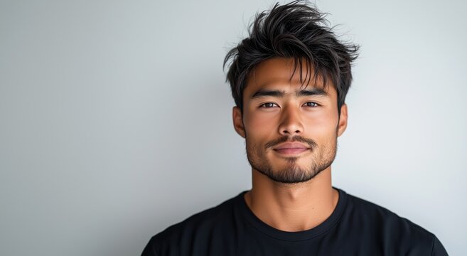 A young Asian man stands confidently with a trendy hairstyle, wearing a black shirt. He smiles warmly against a clean white backdrop with space for text, radiating a positive vibe.