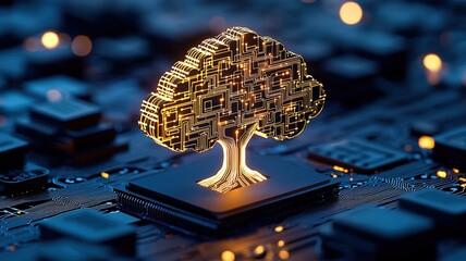 Poster - A glowing tree made of circuit patterns stands out against a dark, tech-inspired background, symbolizing the fusion of nature and technology.