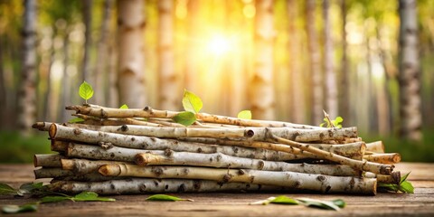 Aufkleber - A stack of pale wood branches with fresh green leaves rests on a wooden surface, bathed in warm sunlight, against a blurred backdrop of a forest.