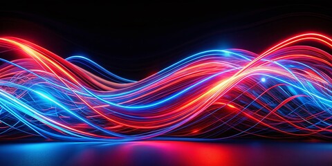 Wall Mural - Abstract Red Blue Wavy Lines Glowing Black Background - Night Photography Stock Photo