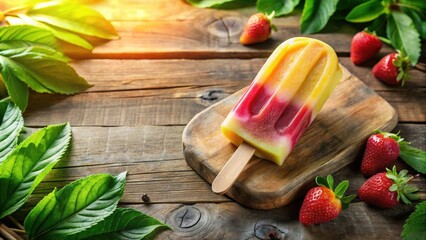 Poster - Summertime Refreshment A Delicious Two-Tone Popsicle on Rustic Wood with Fresh Strawberries