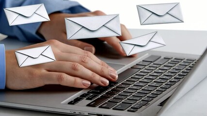 Poster - Hands are actively typing on a laptop keyboard while envelopes symbolize sending and receiving emails in a busy office environment