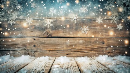 Poster - Rustic Wooden Winter Background with Falling Snow and Glowing Lights