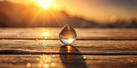 Aufkleber - Glass Teardrop Reflecting Golden Sunset on Wooden Surface