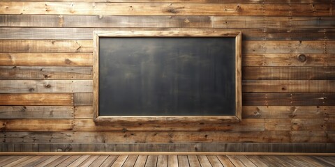 Poster - Rustic Wooden Wall with Blank Framed Blackboard and Wooden Floor Ideal for Text or Image Overlay