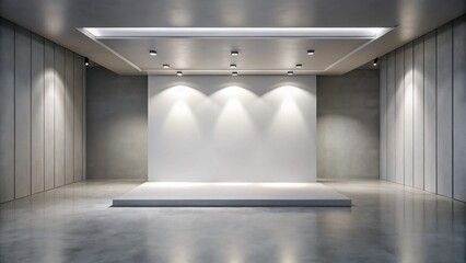 Fototapete - Modern minimalist interior design with a blank white wall and a platform for display