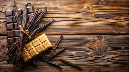 Poster - Dark and White Chocolate Bars with Vanilla Beans on Rustic Wooden Background