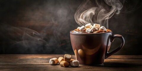 Poster - Warm, Steaming Mug of Cocoa Topped with Marshmallows on Rustic Wood