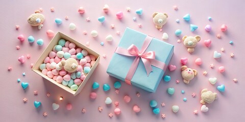 Poster - Pastel Treats and a Gift Box A Delightful Arrangement of Sweet Candies and Adorable Teddy Bear Figurines