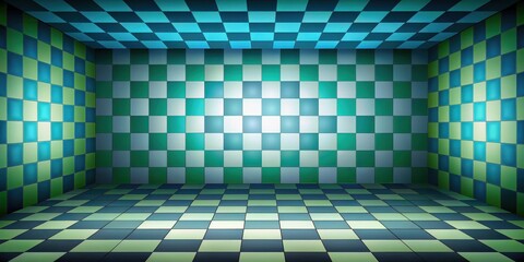 Poster - empty room with checkered tile walls and floor in teal and green hues