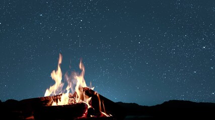 Wall Mural - a bonfire burns at night against the background of mountains and sea with bright stars..