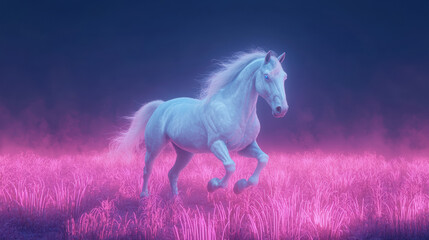 Sticker - majestic azure horse galloping across vibrant neon field, creating stunning visual