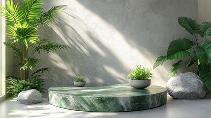 Poster - green stone podium surrounded by lush plants and natural light in a modern summer setting with 3d re