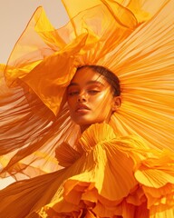 Poster - Empowering fashion showcase bold woman in fiery orange dress outdoor setting artistic portrait dynamic atmosphere