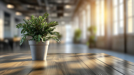 Poster - Modern office interior with a wooden table and potted plant, featuring a blurred corridor in the background. 3D rendering for product display presentation, minimalist workspace concept.