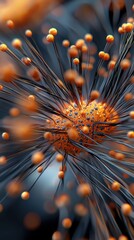 Poster - Dynamic explosion of glowing particles in abstract art science visualization high-tech environment close-up view creative concept