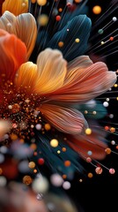 Poster - A chaotic explosion of tiny glowing particles in a vibrant floral display abstract art dark background dynamic viewpoint