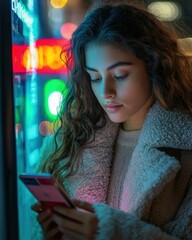 Poster - Young woman engaged with ai-powered payment tools urban location digital content nighttime environment close-up viewpoint
