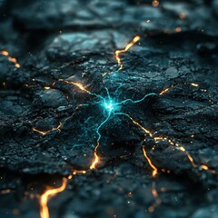 Poster - Nanotechnology breakthrough visualized as glowing energy on cracked earth surface abstract science environment