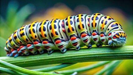 Poster - Vibrant Insect Larva Crawling on a Lush Green Stem