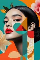 Poster - Modern art collage featuring woman with red lipstick and geometric shapes