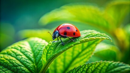 Wall Mural - Adorable Ladybug on Lush Green Leaves - Tilt-Shift Macro Photography