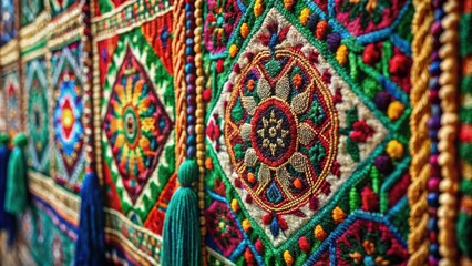 Poster - Vibrant Tapestry with Intricate Needlework and Colorful Tassels