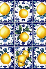 Poster - Vibrant lemon pattern decorating ceramic tiles with blue ornaments